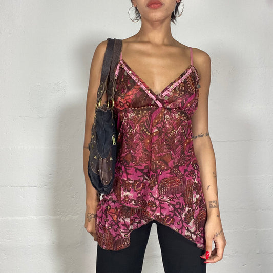 Vintage 90's Boho Pink V-Neck Blouse with Red Floral Print and Rhinestones Detail (S)