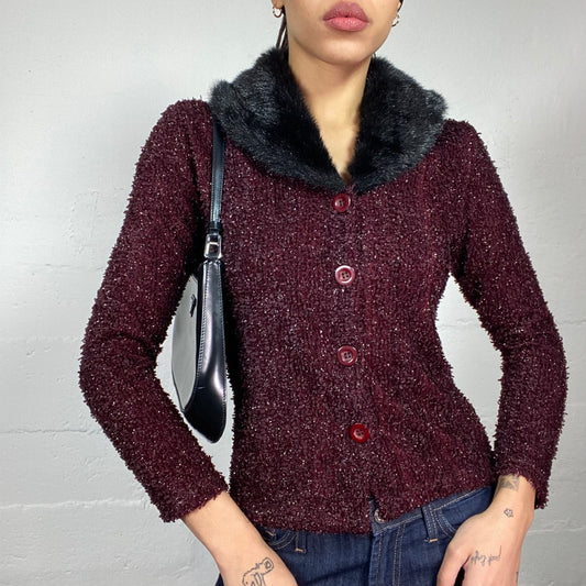 Vintage 90's Vampy Garnet Knit Cardigan with Black Fluffy Collar Detail (S/M)