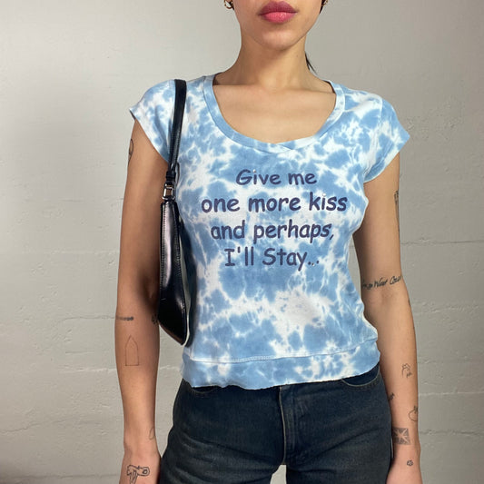 Vintage 2000's Sleaze Blue Tie Dye Top with 'Give Me One More Kiss...' Print (S)