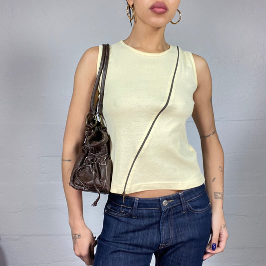 Vintage 2000's Rave Beige Top with Crossed Zip Detail (S)