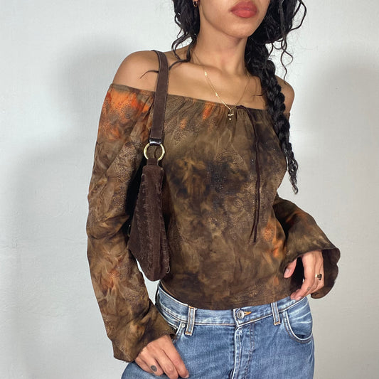 Vintage 90's Boho Girl Brown Off Shoulder Longsleeve Blouse with Tie Dye Orange Print (S)