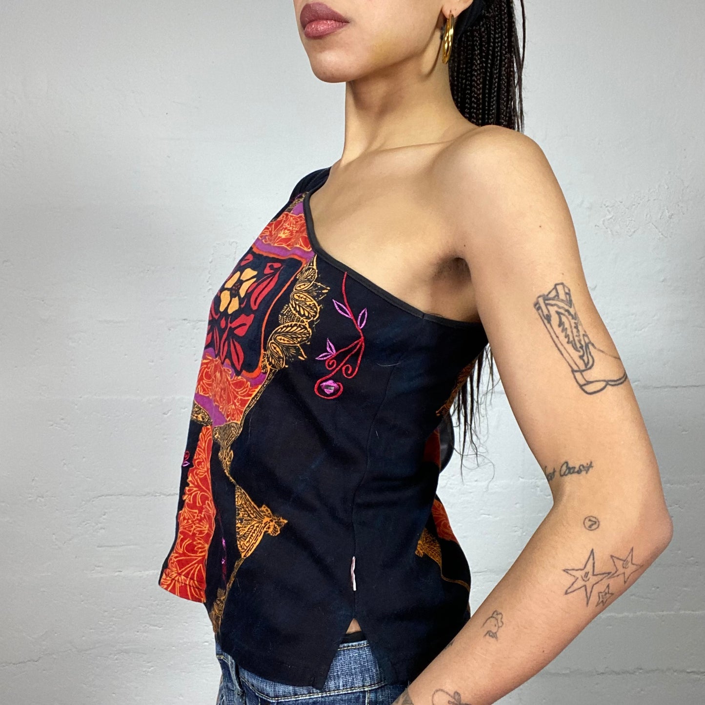 Vintage 2000's Boho Black One Shoulder Top with Multicolour Floral Print (M)