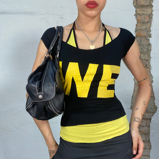 Vintage 2000's Streetstyle Black Shirt with Yellow Halter Neck Detail (S/M)