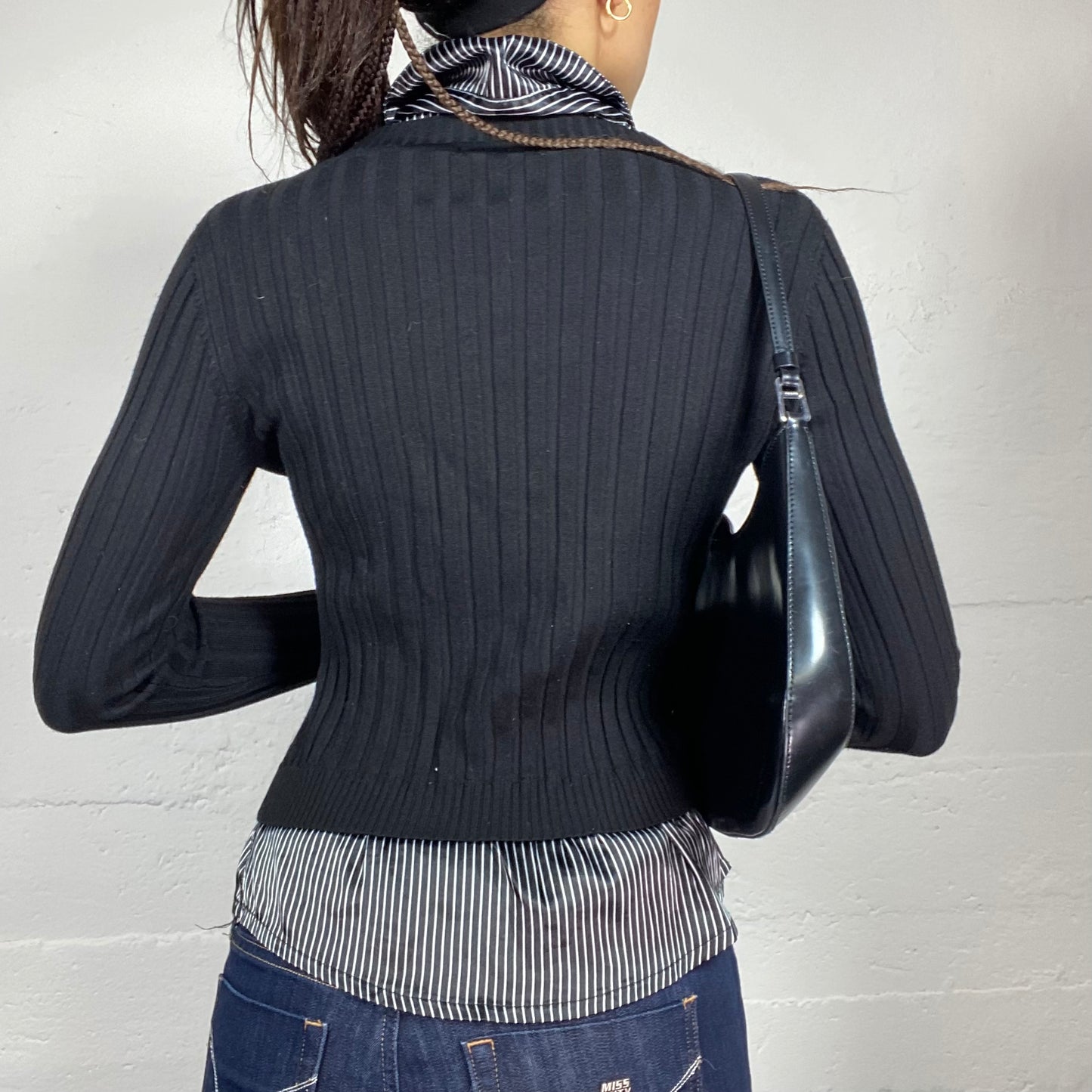 Vintage 2000's Corpcore Black Longsleeve Top with Pinestripes Print Detail (M)