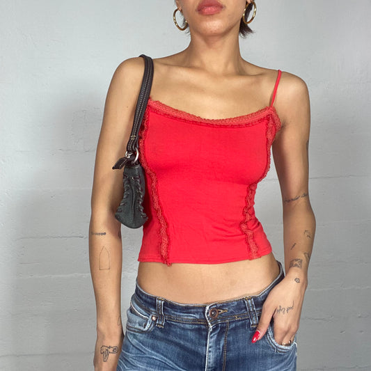 Vintage 90's Downtown Girl Red Cami Top with Lace Trim Detail (S)