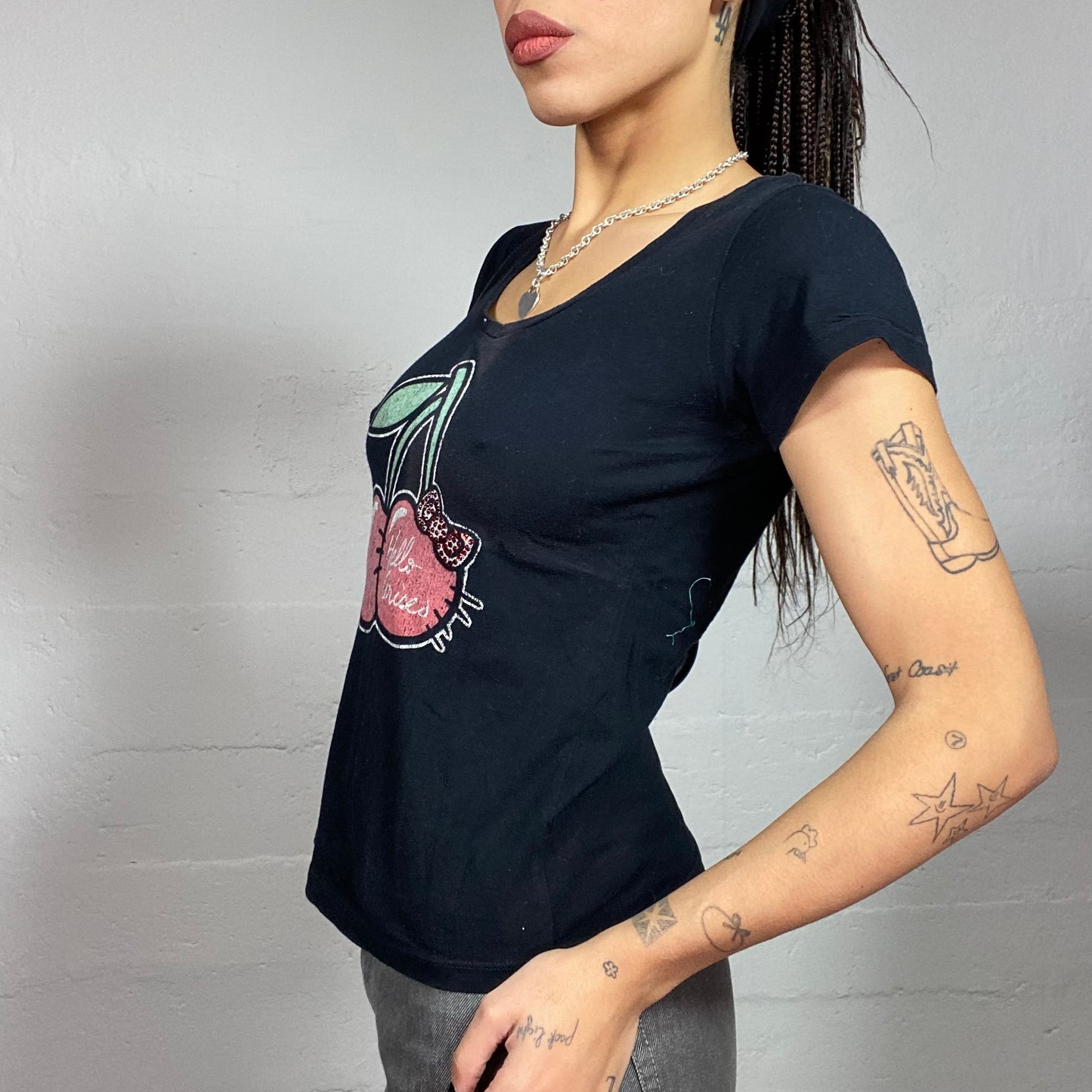 Vintage 2000's Sleaze Black Tee with Cherry Hello Kitty Print (S)