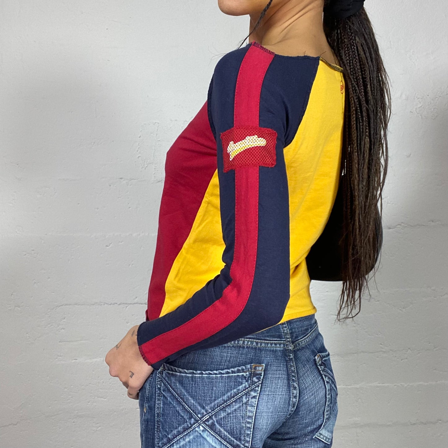 Vintage 90's College Girl Red, Yellow and Navy Blue Longsleeve Top with "Get fit" Detail (M)