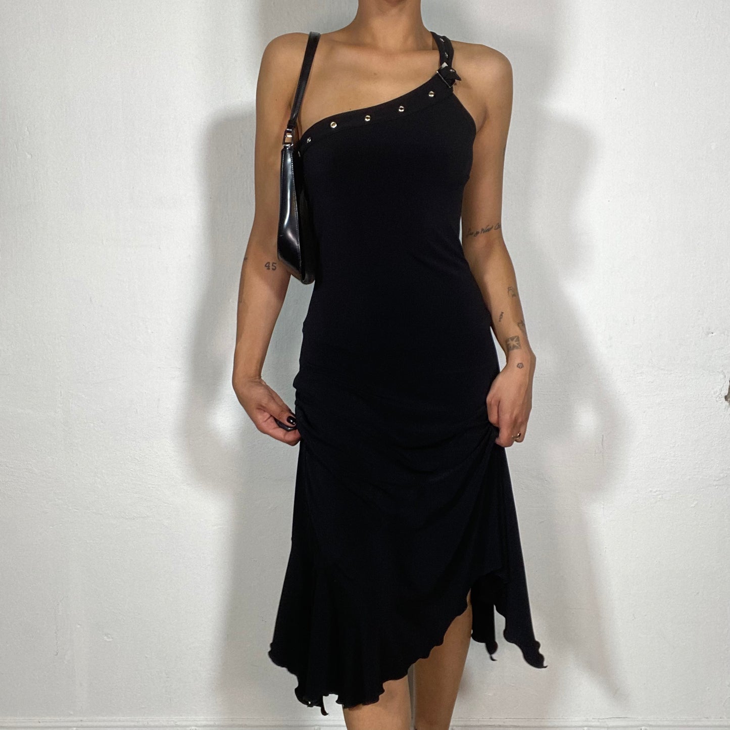 Vintage 2000's Festive Black One Shoulder Dress with Ruffle Trim (S)