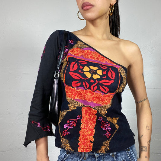 Vintage 2000's Boho Black One Shoulder Top with Multicolour Floral Print (M)