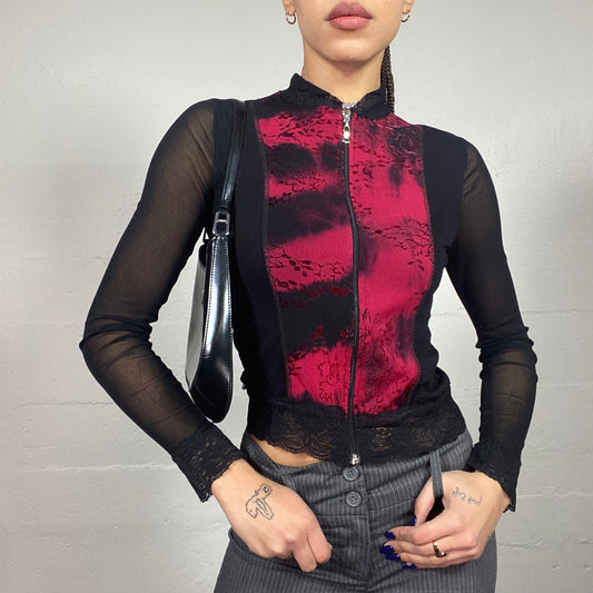 Vintage 90's Batik Black Zip Up Mesh Longsleeve Top with Red Tie Dye Print (S)