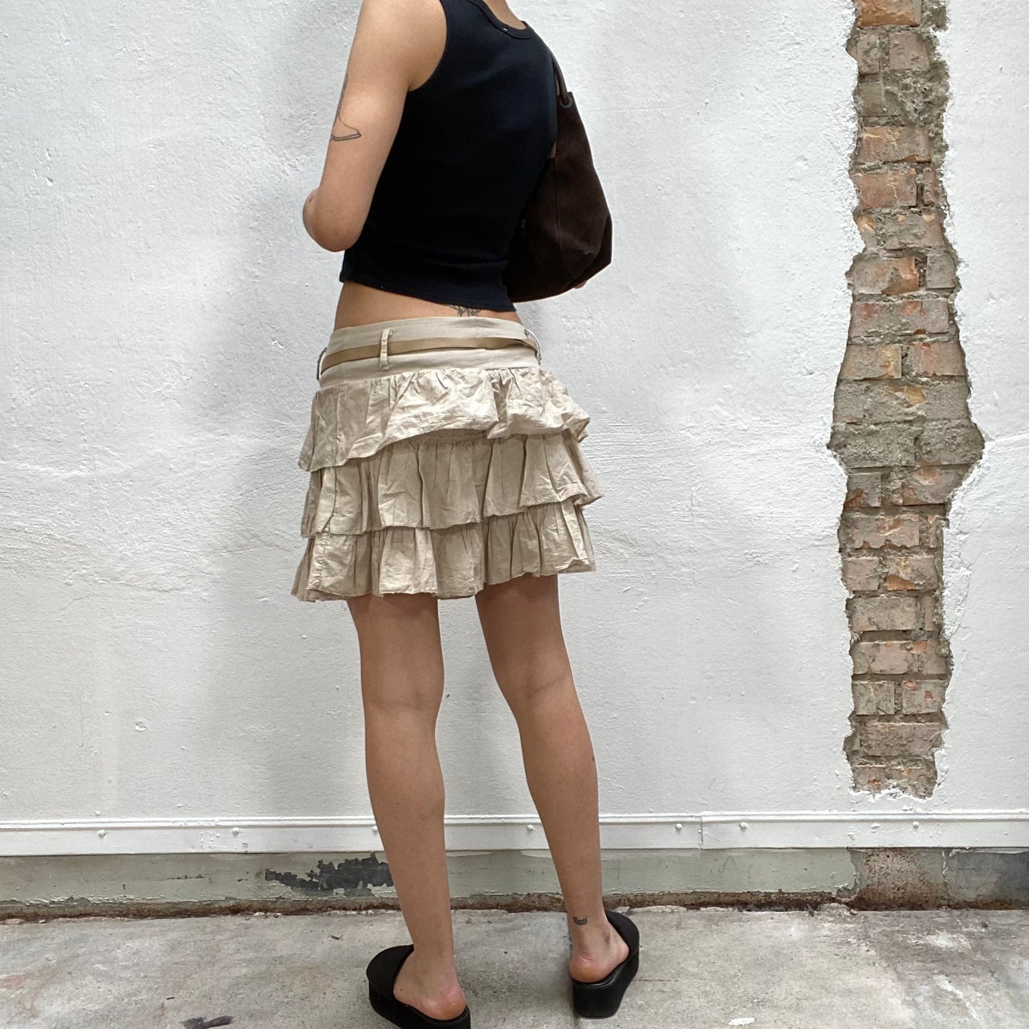 Vintage 2000's Sleaze Beige Layered Mini Skirt with Faux Leather Belt String (S/M)