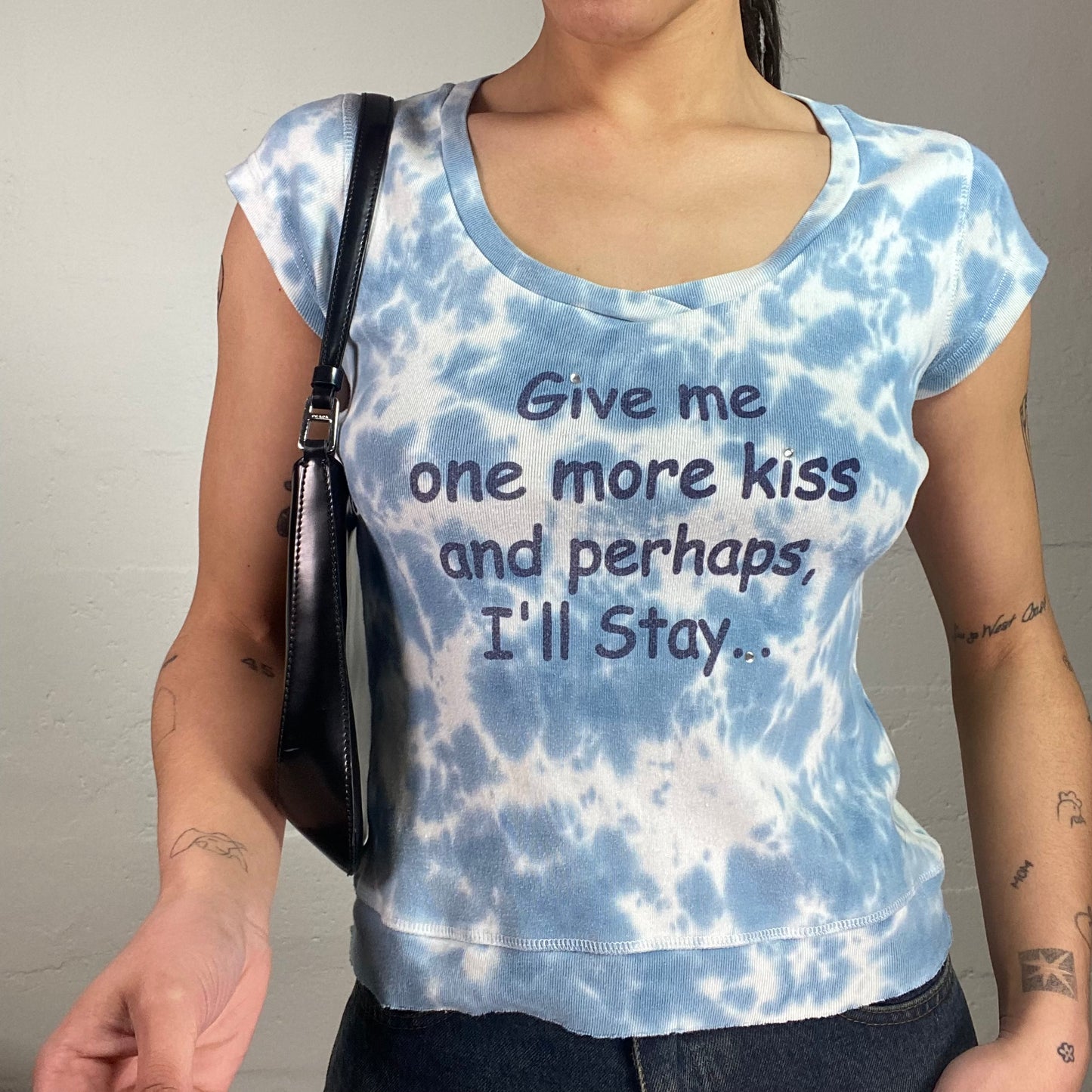 Vintage 2000's Sleaze Blue Tie Dye Top with 'Give Me One More Kiss...' Print (S)