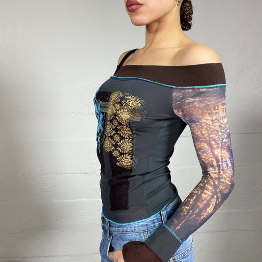 Vintage 2000's Batik Blue Longsleeve Off Shoulder Top with Floral and Forest Print (S)