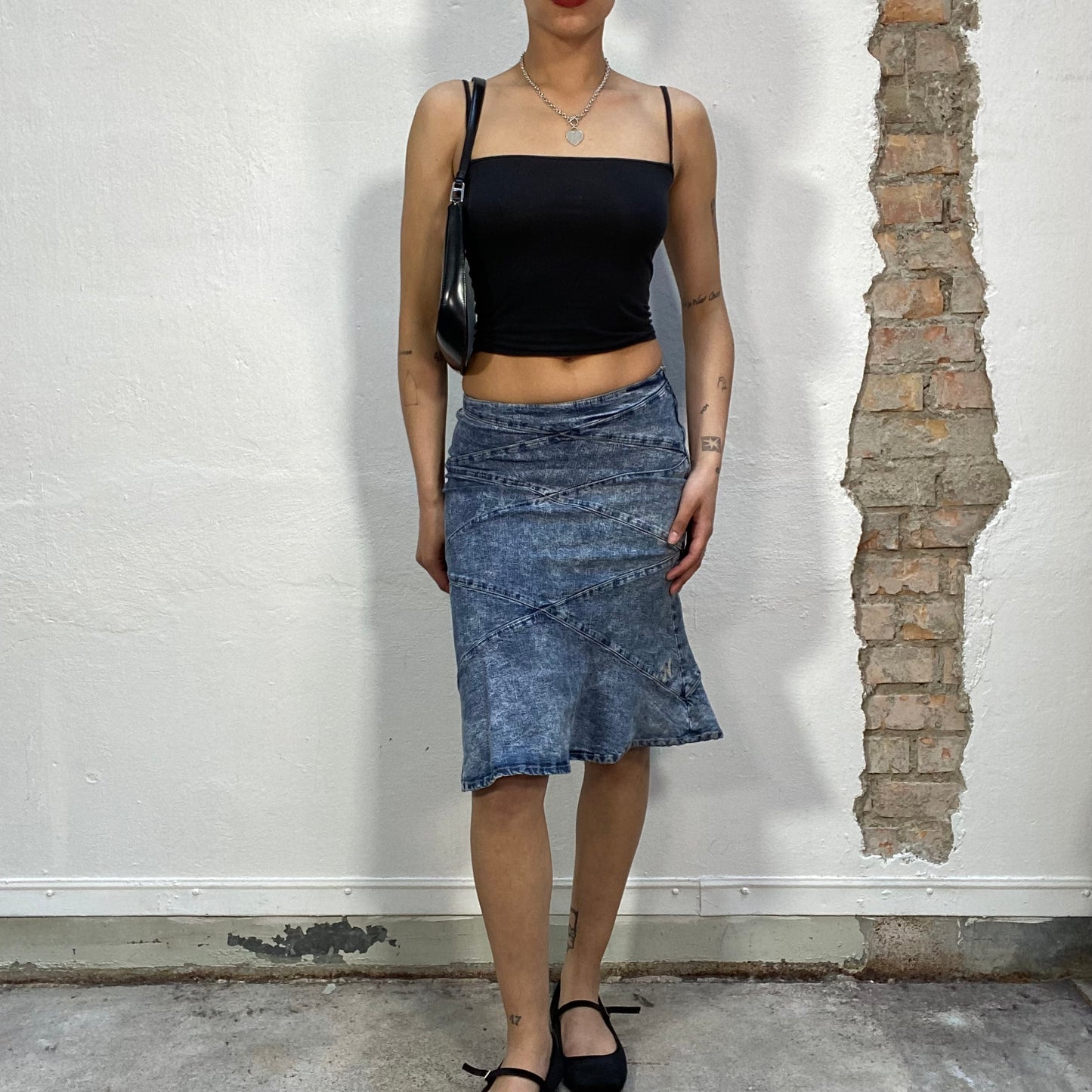 Vintage 2000's Grunge Mid Wash Patchwork Denim Midi Skirt (S)