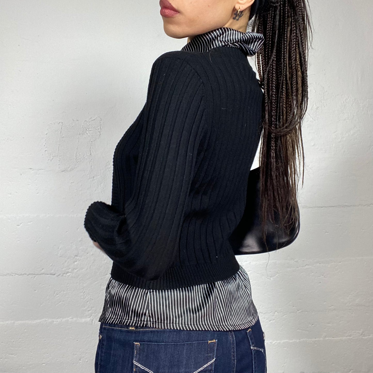 Vintage 2000's Corpcore Black Longsleeve Top with Pinestripes Print Detail (M)