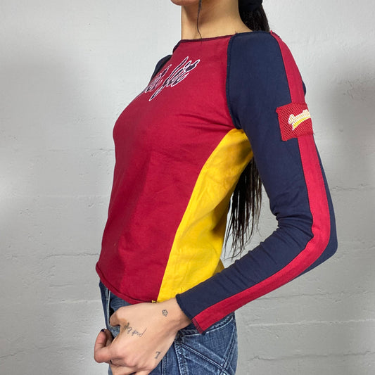 Vintage 90's College Girl Red, Yellow and Navy Blue Longsleeve Top with "Get fit" Detail (M)