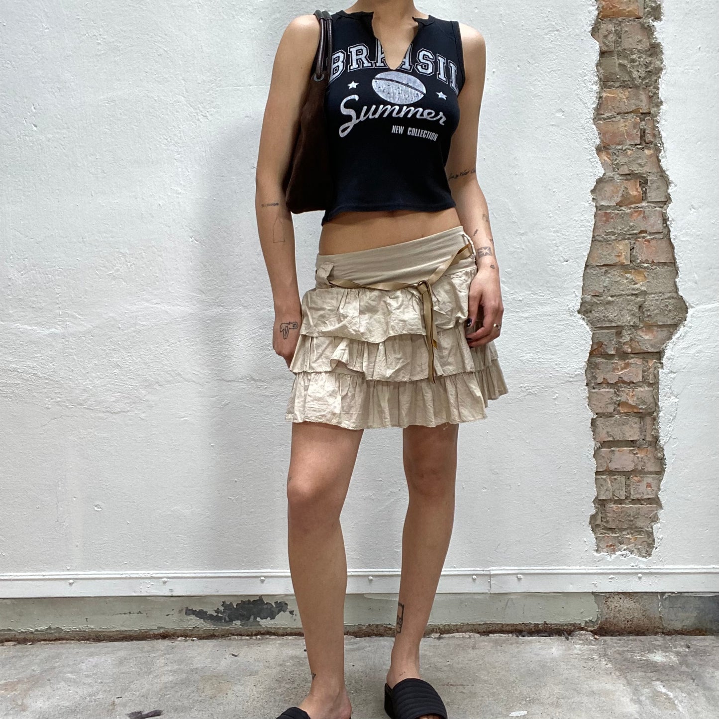 Vintage 2000's Sleaze Beige Layered Mini Skirt with Faux Leather Belt String (S/M)