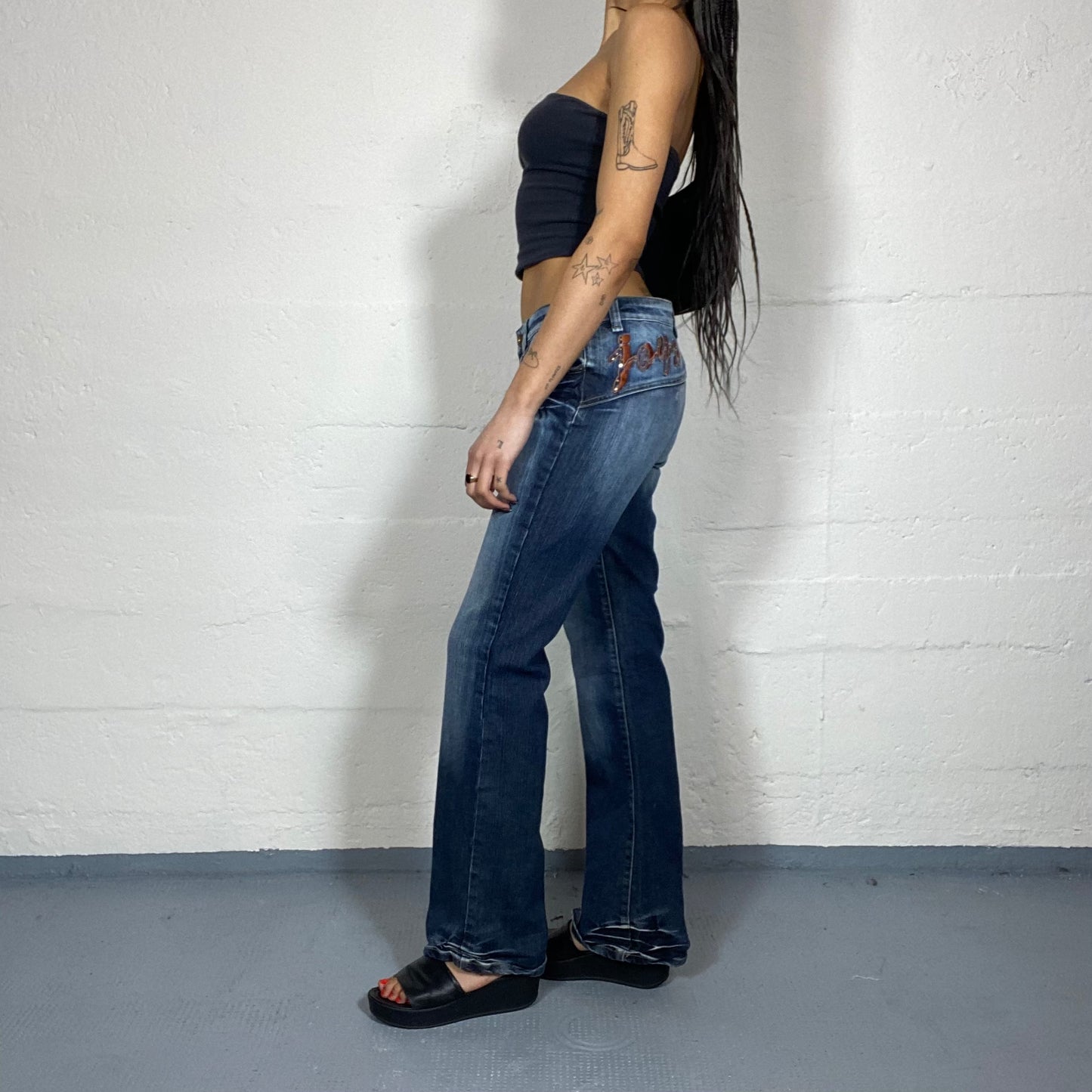 Vintage 90's Downtown Girl Dark Denim Ombré Pants with Flared Cut (S)