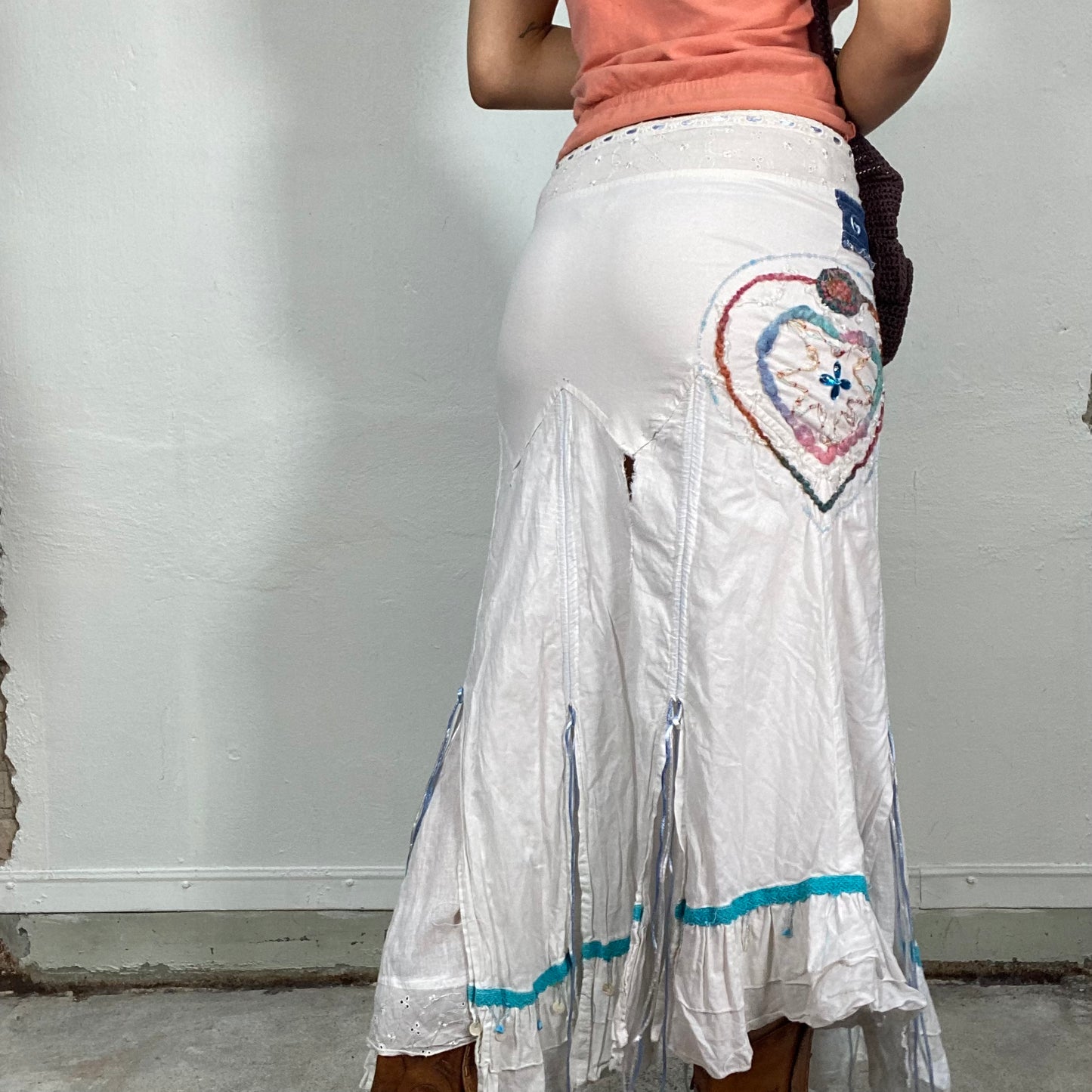 Vintage 90's Indie Sleaze White Maxi Shirt with Ruffle and Embroidery Details (S)