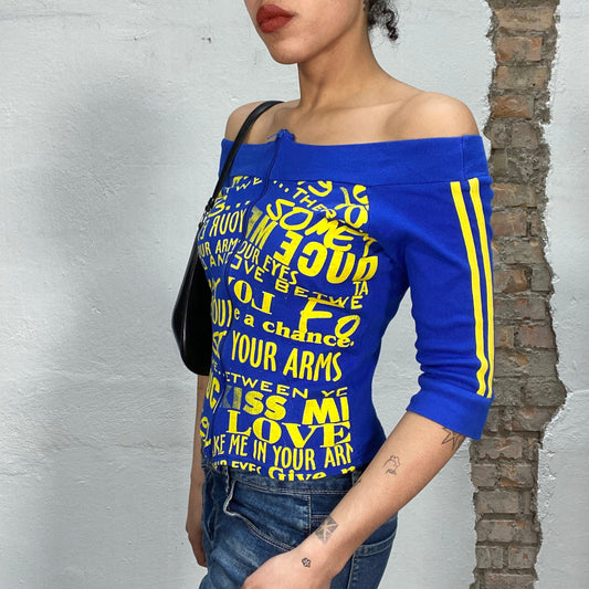 Vintage 2000's Streetstyle Blue Off Shoulder Zipper Top with Yellow Writing Print (S/M)