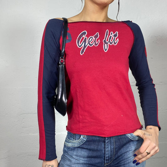 Vintage 90's College Girl Red, Yellow and Navy Blue Longsleeve Top with "Get fit" Detail (M)