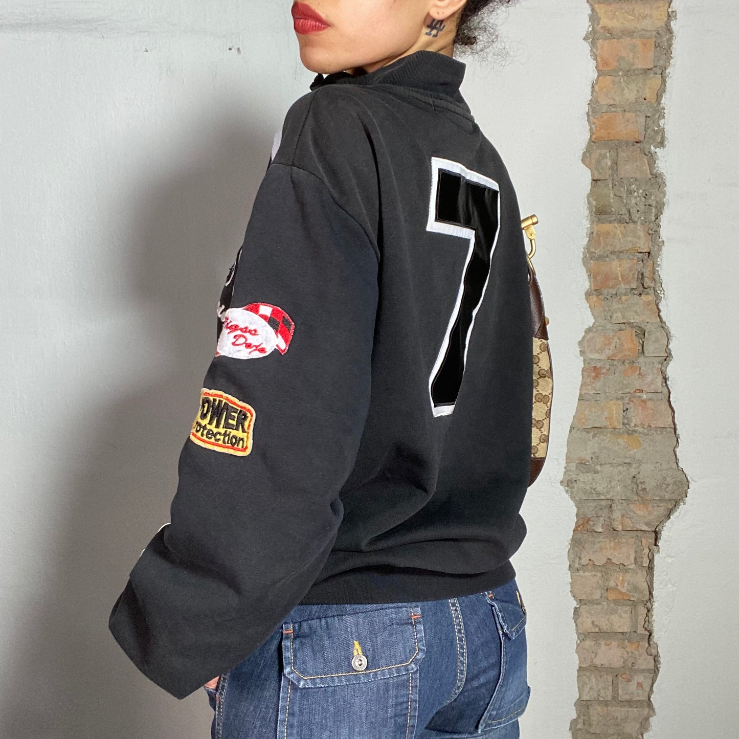 Vintage 90's Racer Black Zip Up Sweater with Patches (L)