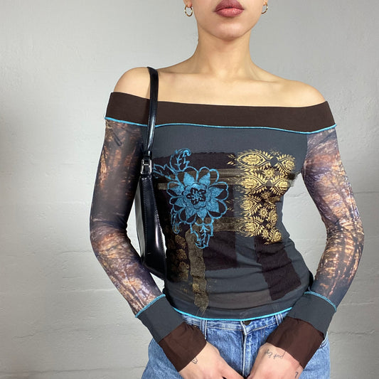 Vintage 2000's Batik Blue Longsleeve Off Shoulder Top with Floral and Forest Print (S)