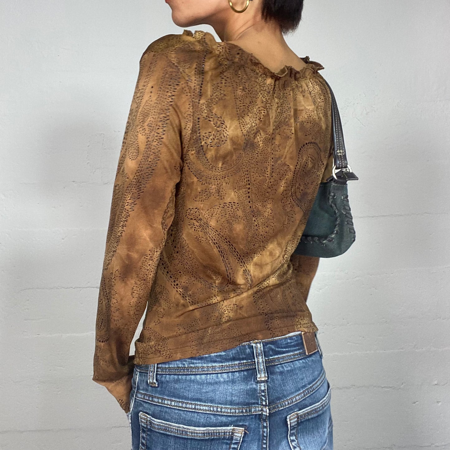 Vintage 90's Cow-Girl Brown Longsleeve Blouse with Pointillism Print and Frilled Neckline (M)