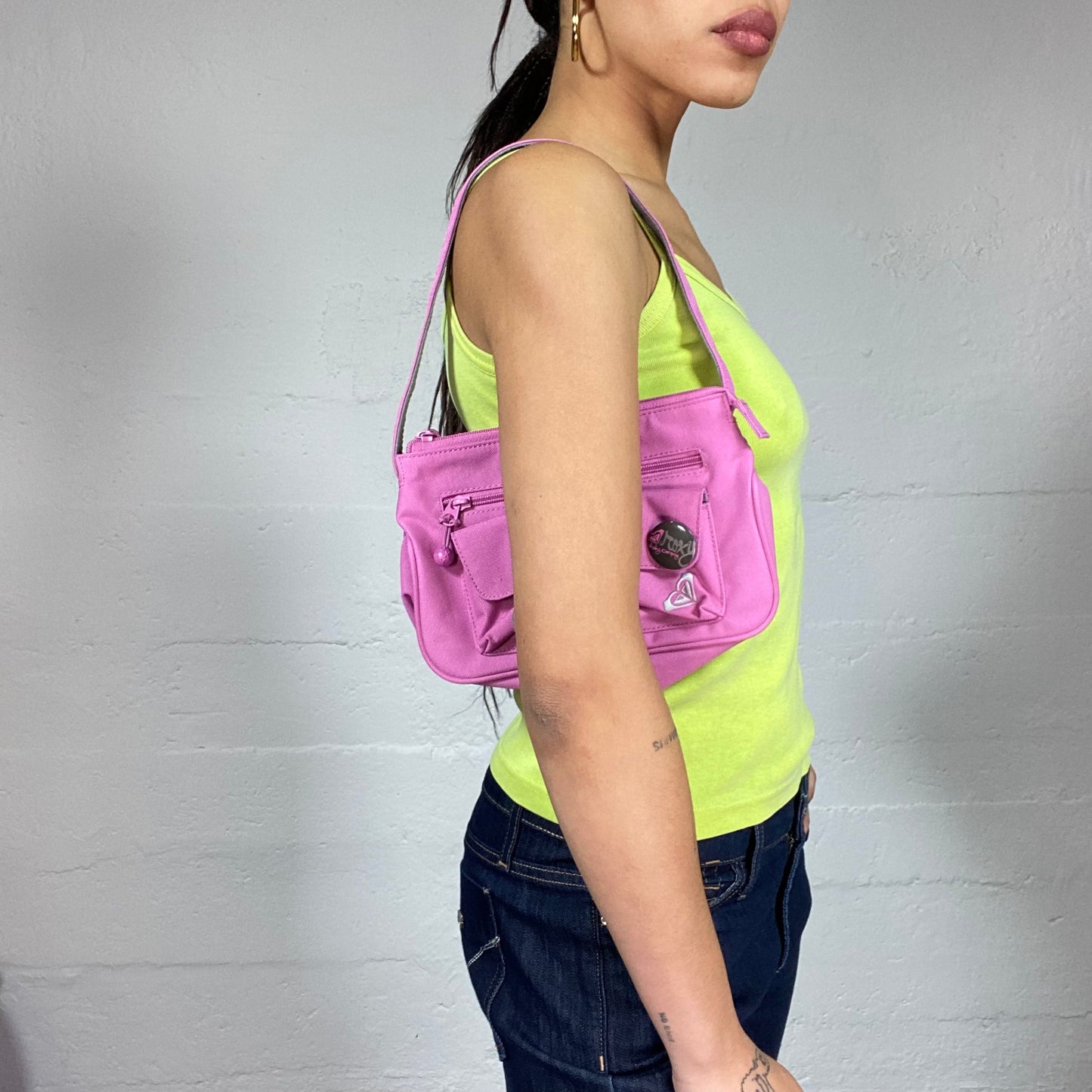 Vintage 2000's Roxy Bright Pink Small Shoulder Bag with Pinned Brand Detail