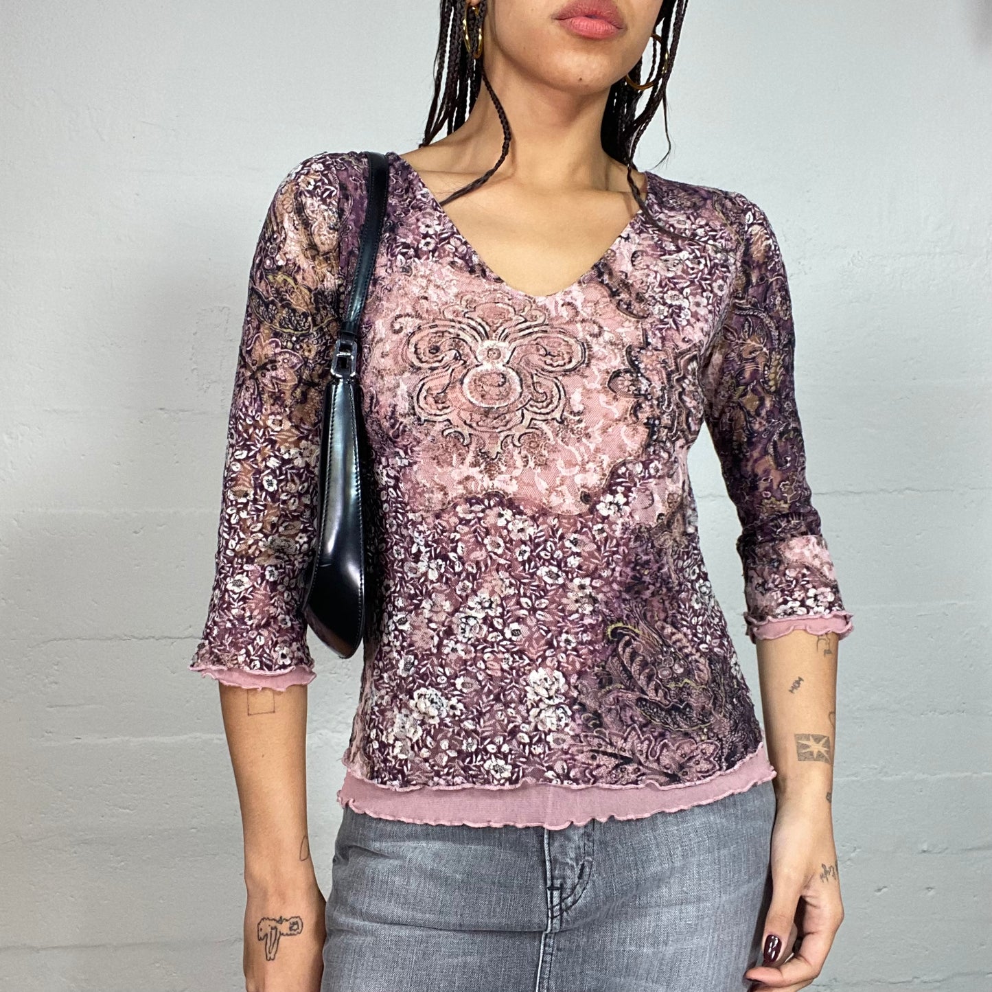 Vintage 2000's Boho Pink Longsleeve Top with Fall Floral Print (S/M)