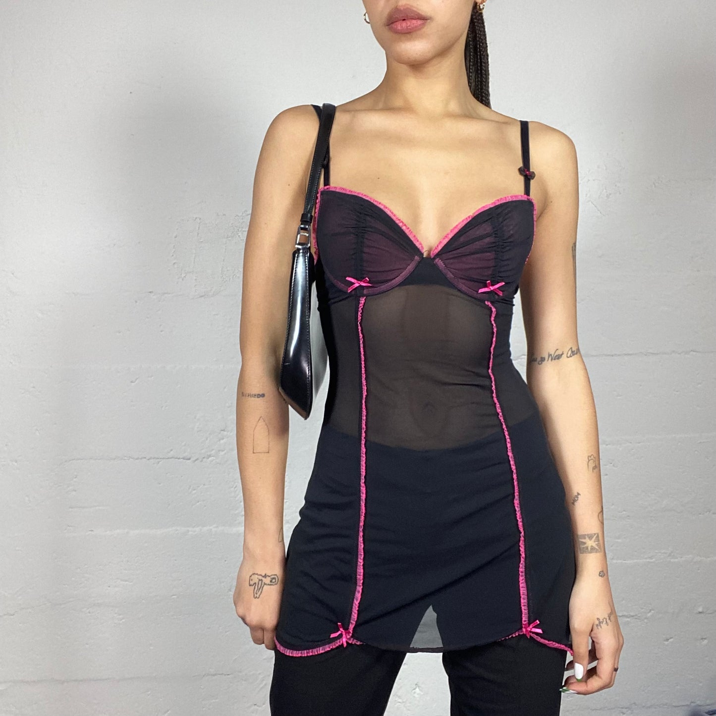 Vintage 90's Lingerie Black Mesh Long Slip Top with Fuchsia Lining (S)