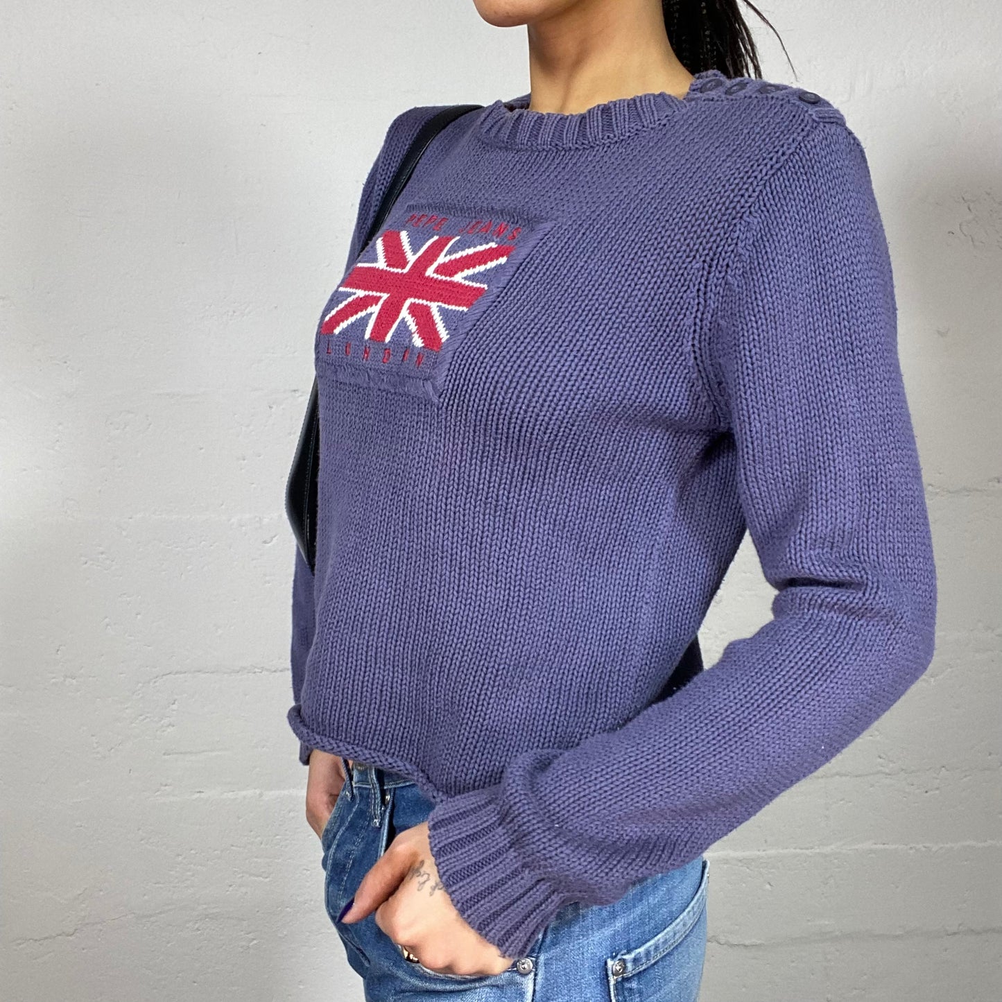 Vintage 90's Pepe Jeans Blue Pullover with UK Flag Brand Embroidery Print (M)