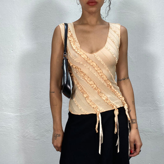 Vintage 2000's Funky Beige Tank Top with Ruffle and Fringe Detail (XS/S)