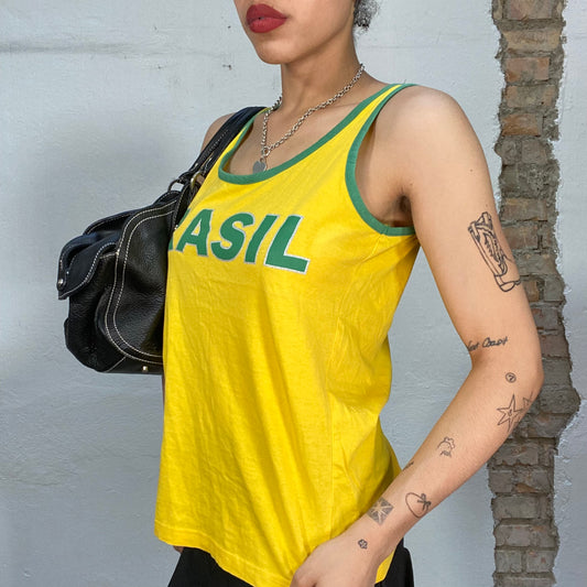 Vintage 2000's Downtown Girl Yellow Brasil Tank Top with Green Trim (M)