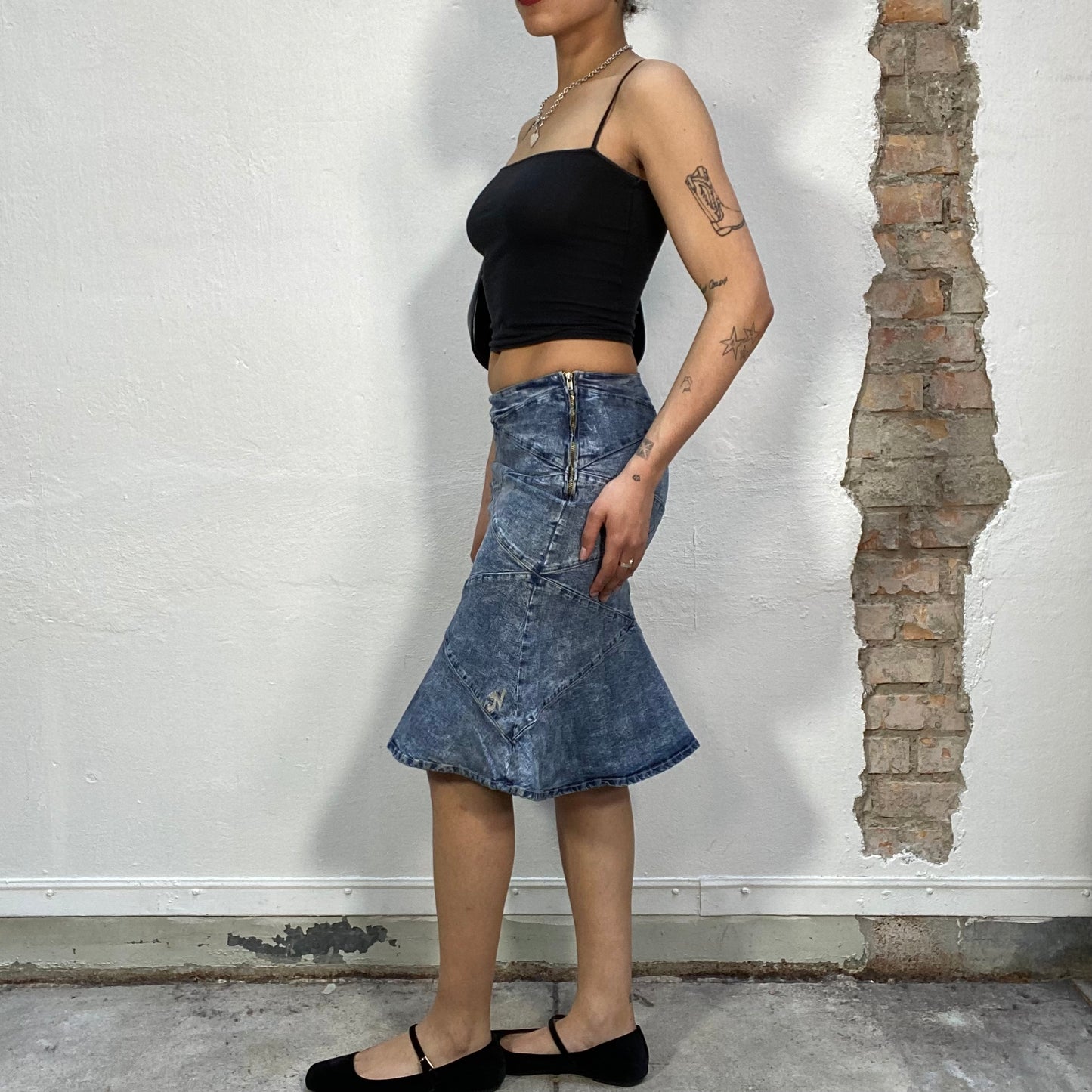 Vintage 2000's Grunge Mid Wash Patchwork Denim Midi Skirt (S)