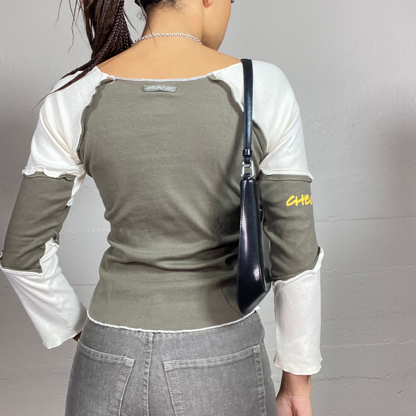 Vintage 2000's Rave Khaki Long Sleeve Top with Yellow Print Detail (S)
