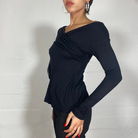 Vintage 90's Office Black Open Neck Longsleeve Top with Crossed Drapped Decolletage (S/M)