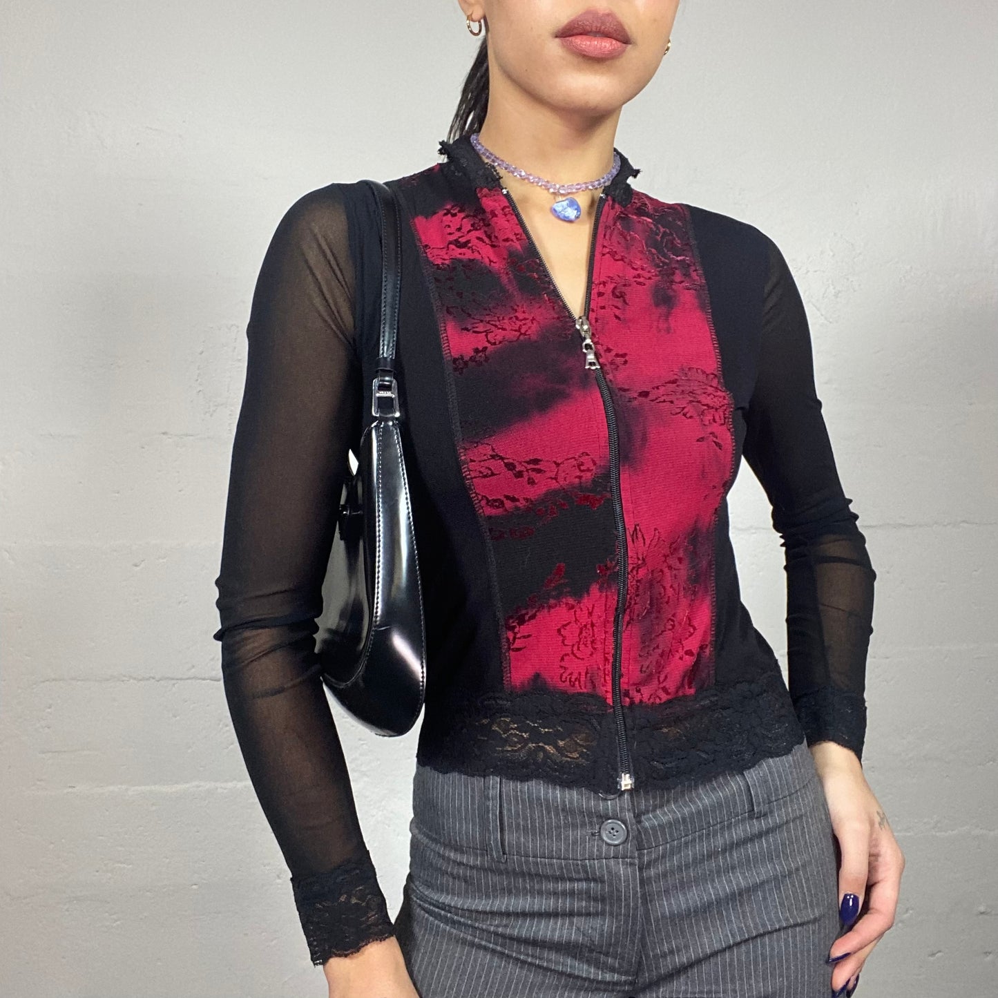 Vintage 90's Batik Black Zip Up Mesh Longsleeve Top with Red Tie Dye Print (S)