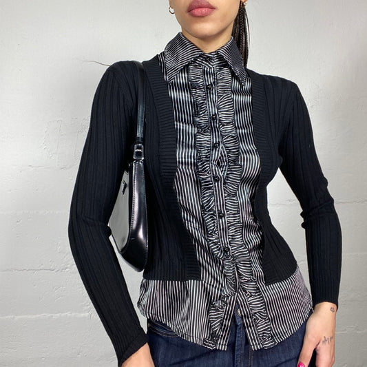 Vintage 2000's Corpcore Black Longsleeve Top with Pinestripes Print Detail (M)