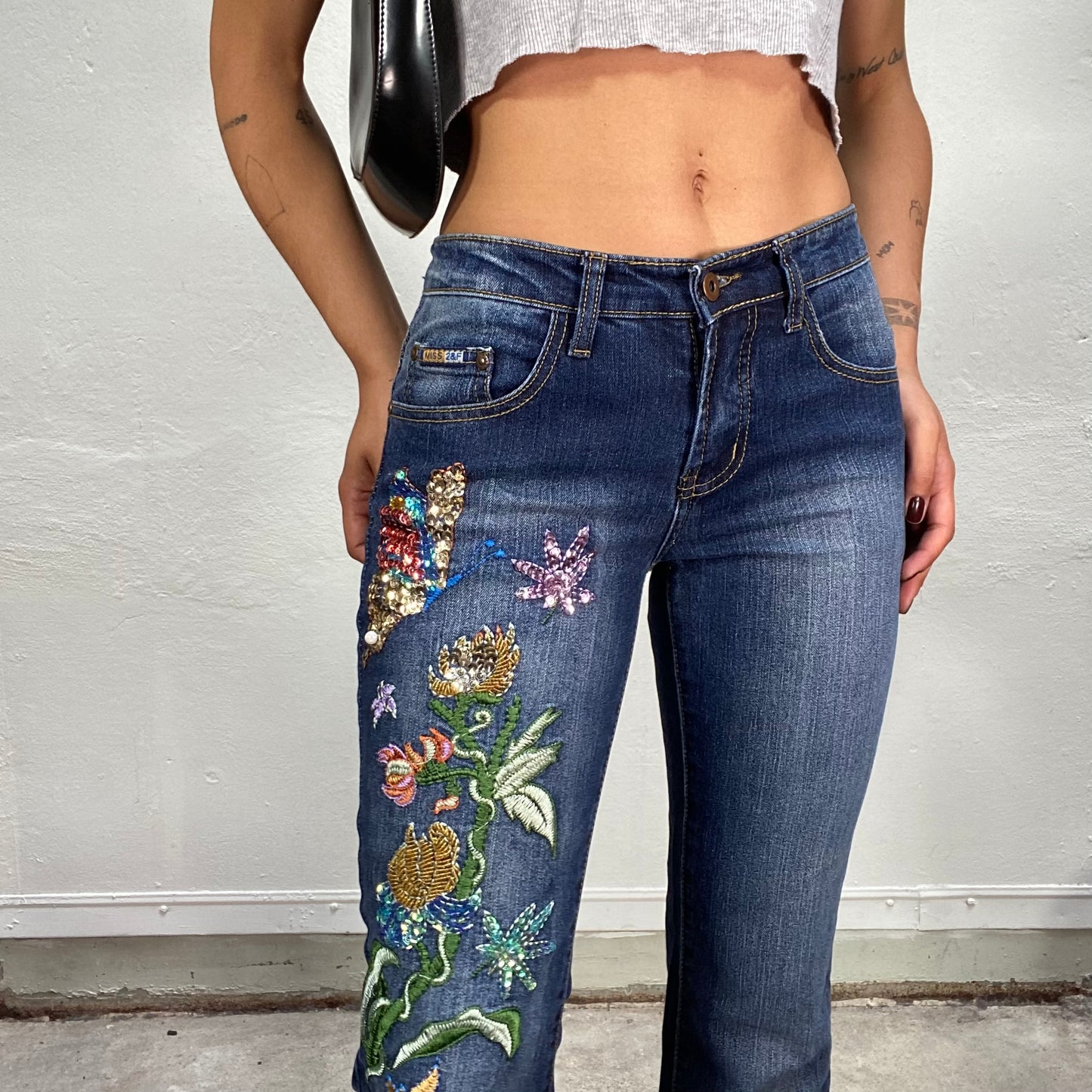 Vintage 2000's Downtown Girl Dark Denim Jeans with Floral Embroidery and Sequin Details (S)