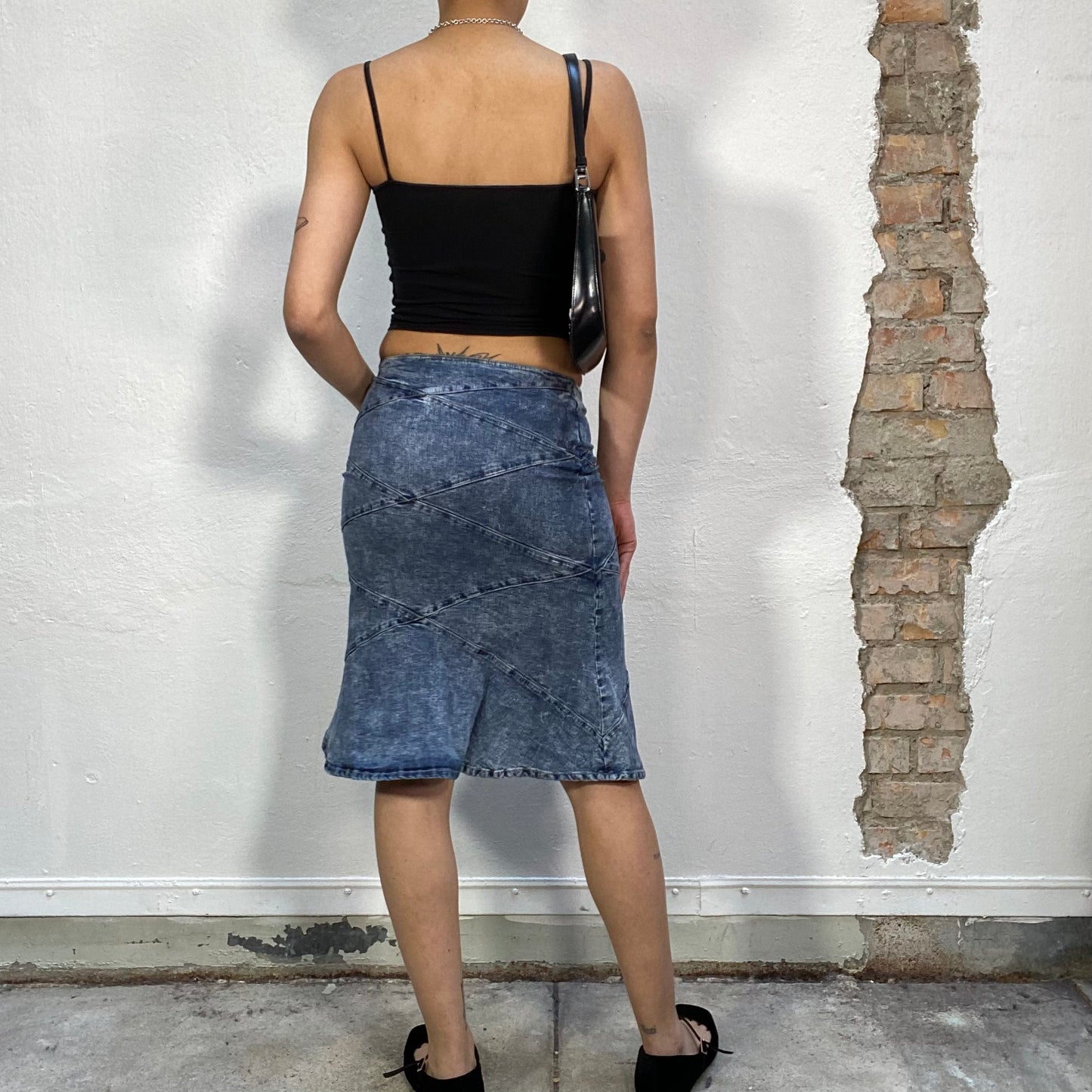 Vintage 2000's Grunge Mid Wash Patchwork Denim Midi Skirt (S)