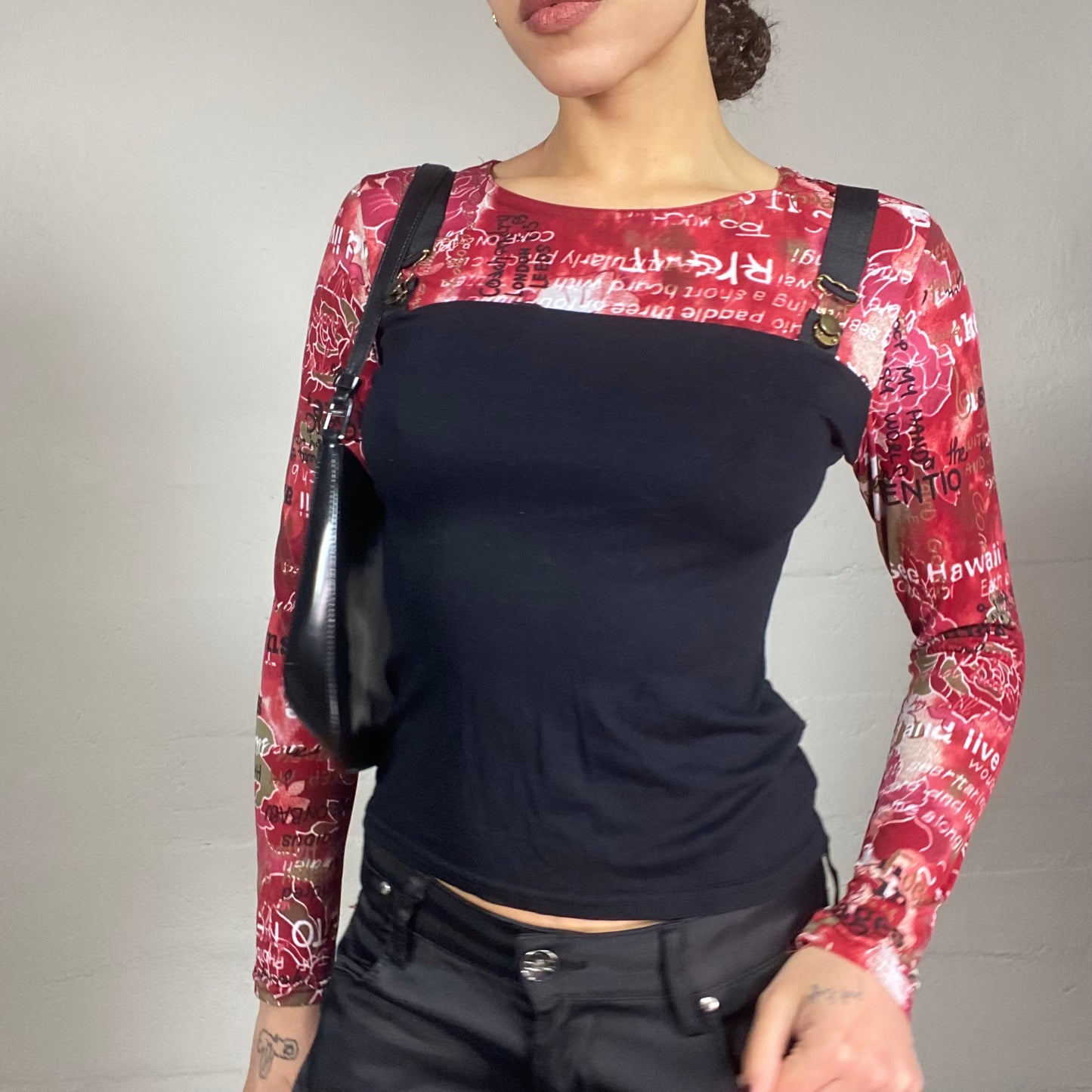 Vintage 2000's Rave Red Longsleeve Top with Black Holders Detail (S)