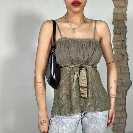 Vintage 2000's Indie Sleaze Khaki Green Lace Top with Scrunched Bust Part (M)