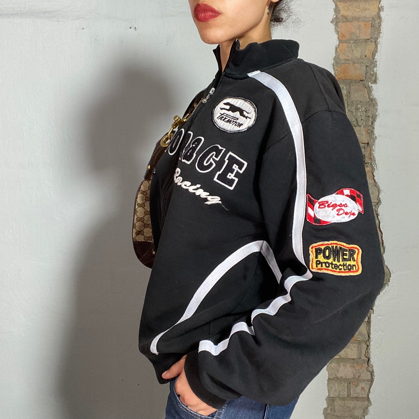 Vintage 90's Racer Black Zip Up Sweater with Patches (L)