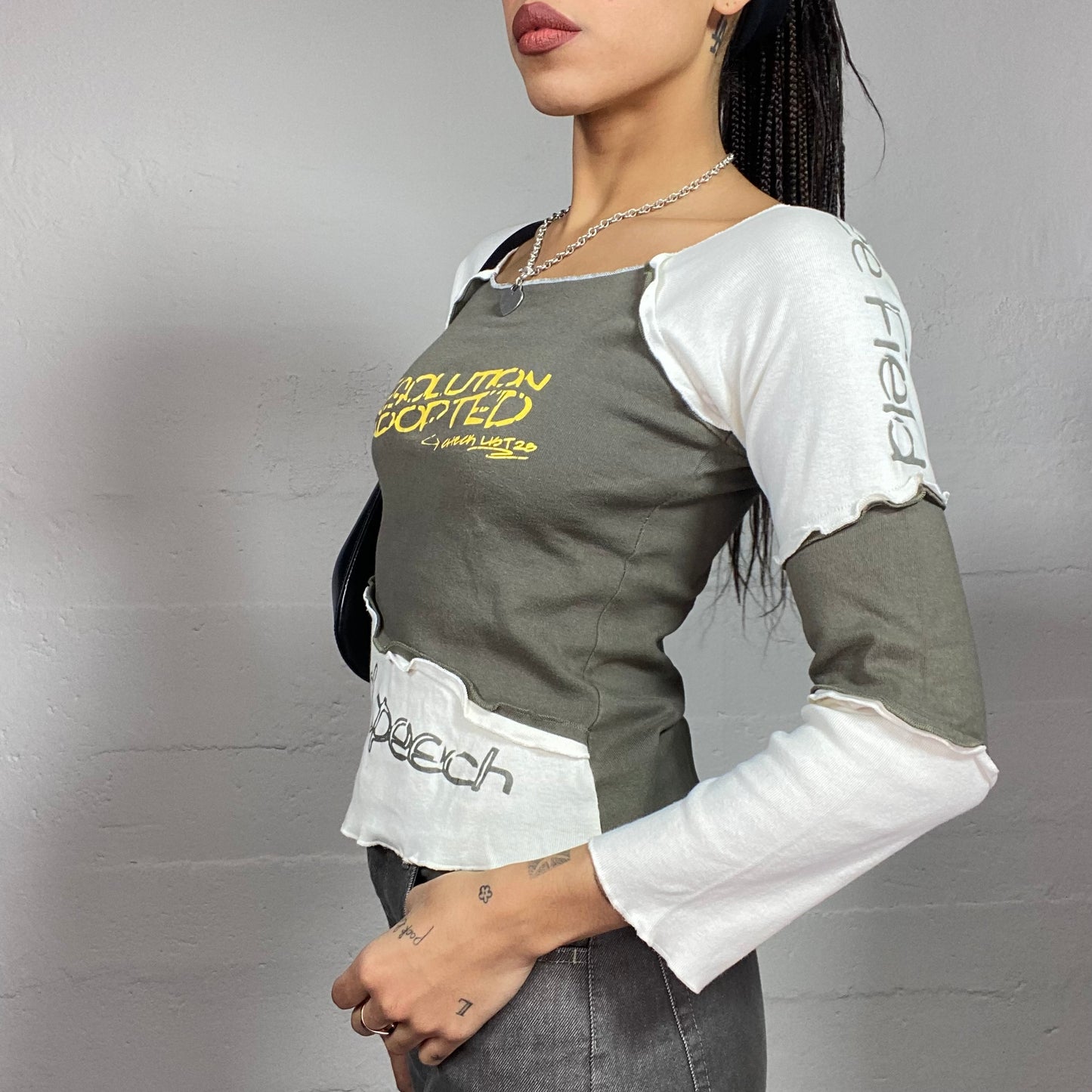Vintage 2000's Rave Khaki Long Sleeve Top with Yellow Print Detail (S)