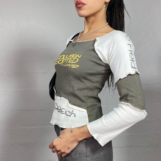 Vintage 2000's Rave Khaki Long Sleeve Top with Yellow Print Detail (S)