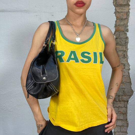 Vintage 2000's Downtown Girl Yellow Brasil Tank Top with Green Trim (M)