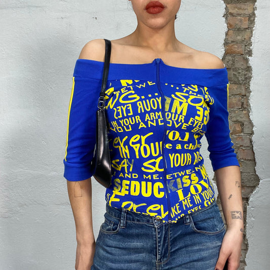 Vintage 2000's Streetstyle Blue Off Shoulder Zipper Top with Yellow Writing Print (S/M)