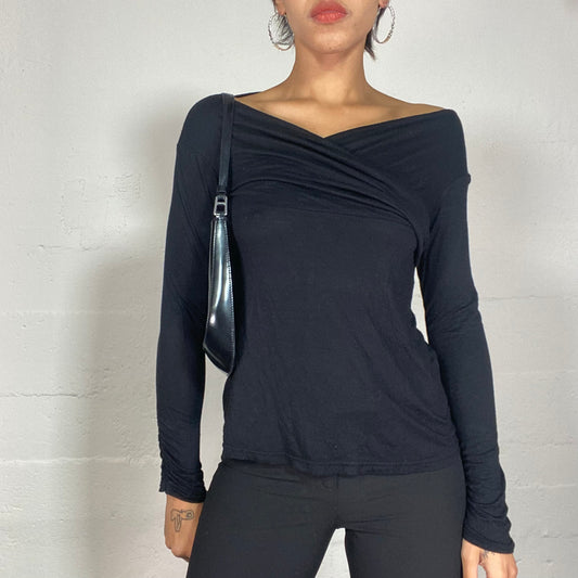 Vintage 90's Office Black Open Neck Longsleeve Top with Crossed Drapped Decolletage (S/M)