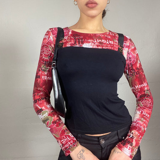 Vintage 2000's Rave Red Longsleeve Top with Black Holders Detail (S)